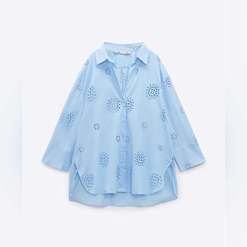 Blue Button-Up Shirt with Floral Eyelet